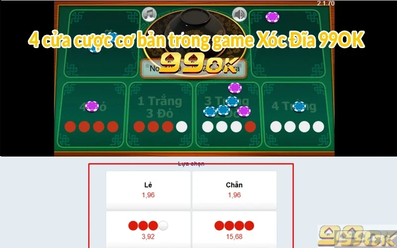 4 cửa cược cơ bản trong game Xóc Đĩa 99OK 
